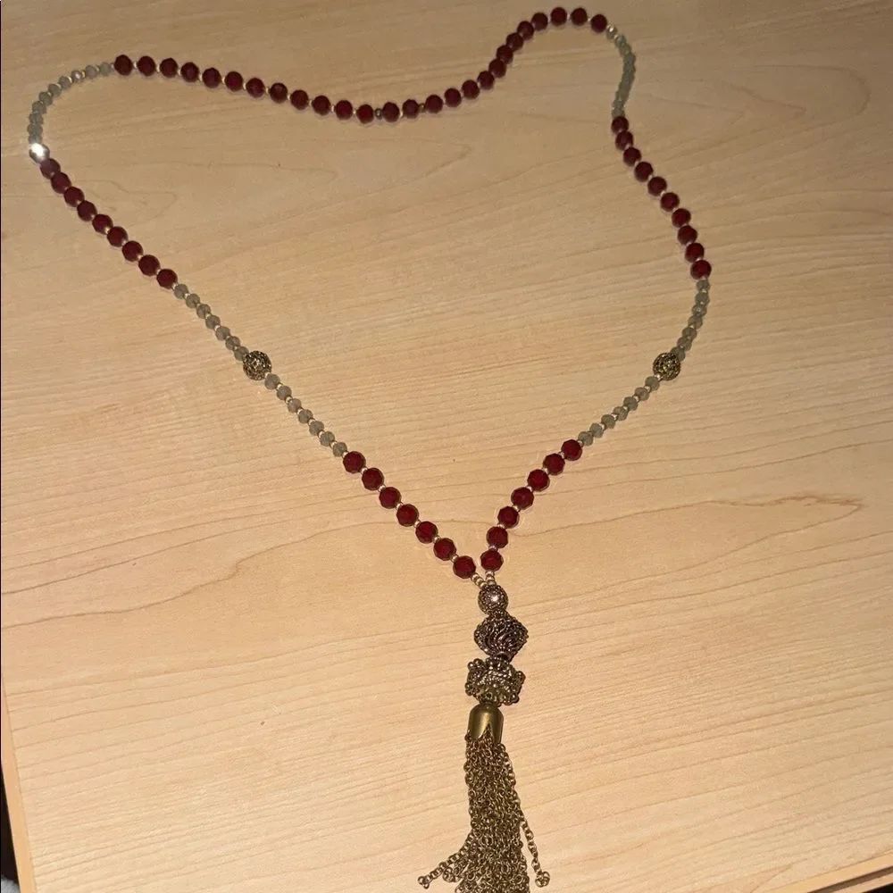 VINTAGE Handbeaded Gold Tassel Necklace Red Beads - BRAND NEW - Long Necklace